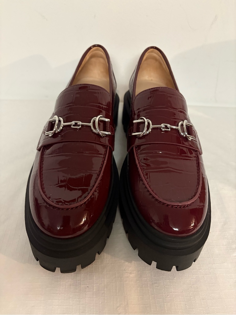 Stuart Weitzman Patent Burgundy Loafers with Silver Horsebit
